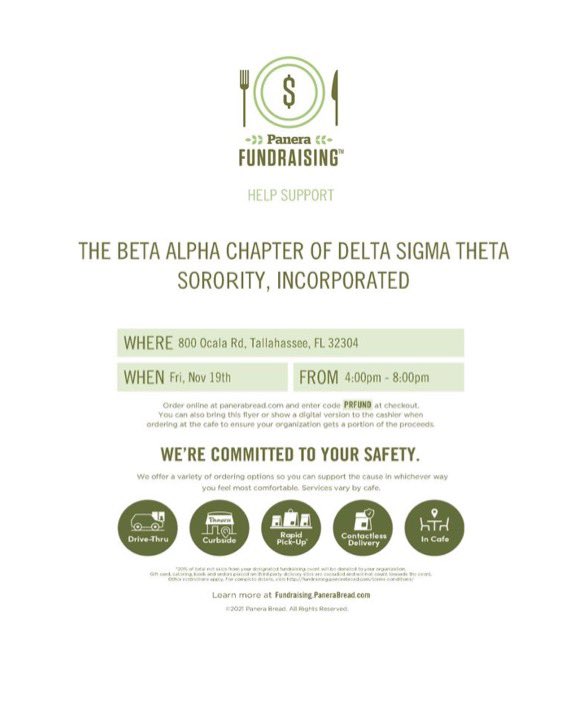 Support the REAL Beta Alpha Chapter of Delta Sigma Theta Sorority, Inc. at Panera bread on Friday, November 19th from 4:00pm-8:00pm! Make sure to mention the BADST, use our online promo code for your online order, or show the flyer at the register! Promo code: PRFUND