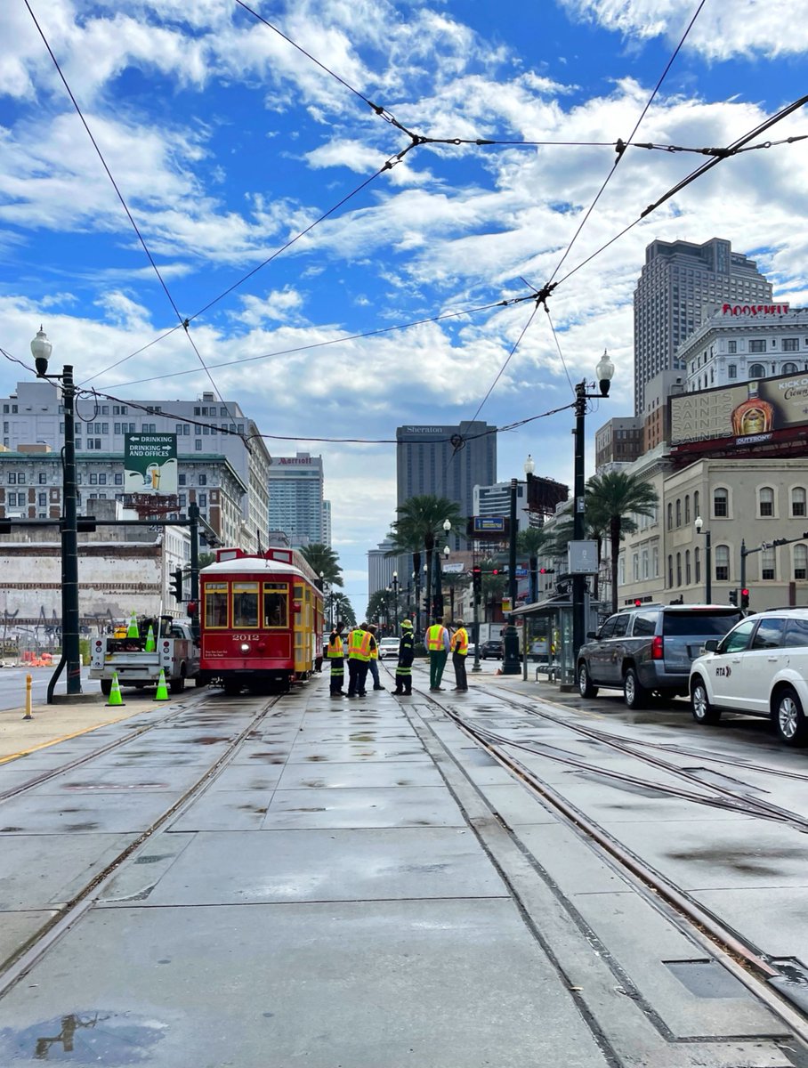 DavidMora's tweet photo. A sign of progress! 🛠🚧🚃

Prior to this afternoon, I hadn’t seen a streetcar at Canal &amp; North Rampart in over 700 days. Looks like the Canal Street route might be whole again soon. 
 
#CanalStreet #DowntownNOLA #HardRockCollapse #StreetcarTest https://t.co/D9GilCT8Xd