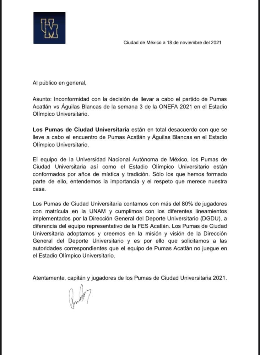 INCONFORMIDAD EN PUMAS CU PORQUE ACATLÁN JUEGUE EN EL OLÍMPICO 68 🙇‍♂️🙇‍♂️

Jugadores de Pumas CU externan malestar Y SE OPONEN a que los Pumas Acatlán jueguen en el Estadio Olímpico Universitario este domingo contra las Águilas Blancas 😮