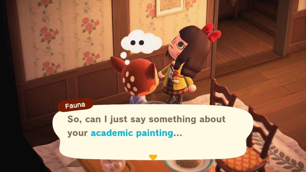 cyn_dere's tweet photo. Fauna being polite about my fake art #AnimalCrossing #ACNH #NintendoSwitch https://t.co/FAd4WowZvh