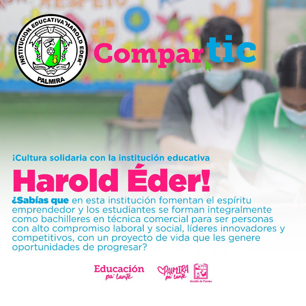 CulturaPalmira's tweet photo. Invitamos a toda la comunidad sumar esfuerzos por la institución educativa Harold Éder, que está participando en el concurso #Compartic, de la Alcaldía de Palmira.🙌
Para dar tu aporte puedes contactarte al número📲 3175507372 o al correo electrónico: ie_haroldeder@hotmail.com https://t.co/5tpozENjZk