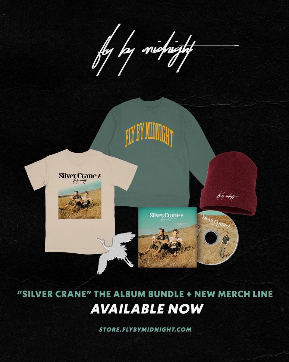 flybymidnight's tweet photo. “Silver Crane” the album is out tonight. new merch is officially available now. can’t wait to see you rockin’ them. countdown to tonight begins.. 🪶♥️

https://t.co/LS9X2uFxe6 https://t.co/Trgrt8Vgd1