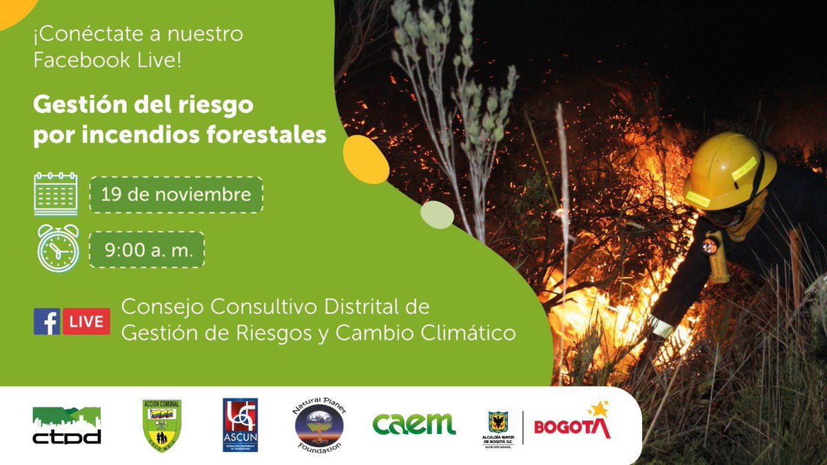 IDIGER's tweet image. Los incendios forestales🔥son escenarios de riesgo a los cuales todos podemos estar expuestos.

Conéctate mañana a través de la cuenta de Facebook del Consejo Consultivo Distrital de Gestión de Riesgos y Cambio Climático y conoce más sobre este escenario de riesgo.