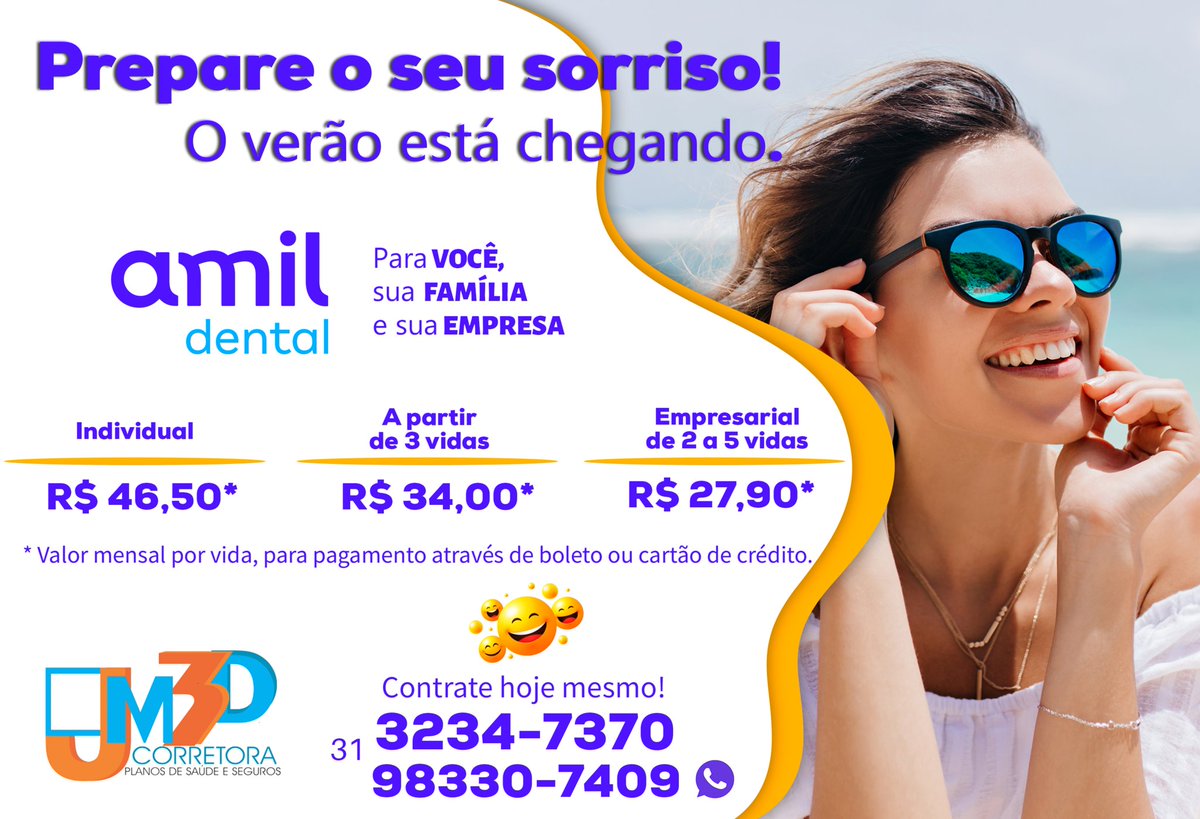 😁O verão está chegando! Conte com a Amil Dental para preparar seu sorriso!
.
Ligue agora para os nossos consultores. Contratação 100% online: fácil e seguro!
.
JM3D - A sua Corretora de Confiança!
 📞31 - 3234-7370
📲31 - 98330-7409 - wpp
 📧comercial@jm3dcorretora.com.br