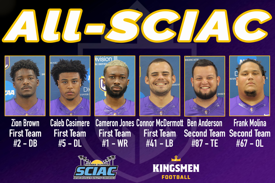 CLUSports's tweet photo. More All-SCIAC awards to hand out! @CLUFootball lands four on First Team and two on Second Team!

Congrats to Zion, Caleb, Cameron, Connor, Ben, and Frank on earning All-SCIAC!

Release: https://t.co/j08TN8bbJW

#GoKingsmen | #OwnTheThrone https://t.co/QBfUw7SykK