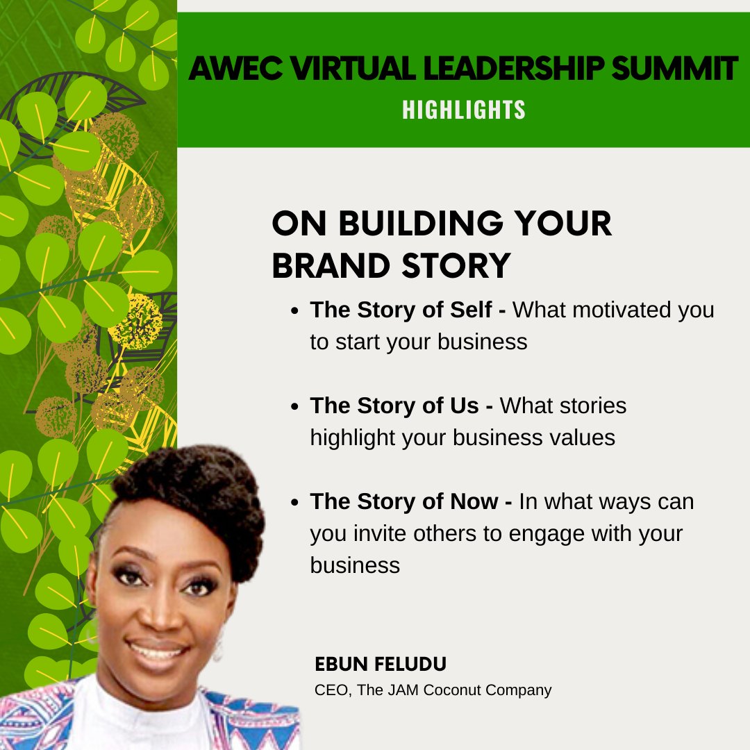 WeAreAWEC's tweet photo. There is a sweet spot in the universe that all of us can occupy. So don't be afraid to share your story.
AWEC Alumna Ebun Feludu, CEO, The Jam Food Company, Nigeria provided insights on the process of crafting a cohesive and coherent business story. #AWECSummit21 https://t.co/ZB5UgHHER9