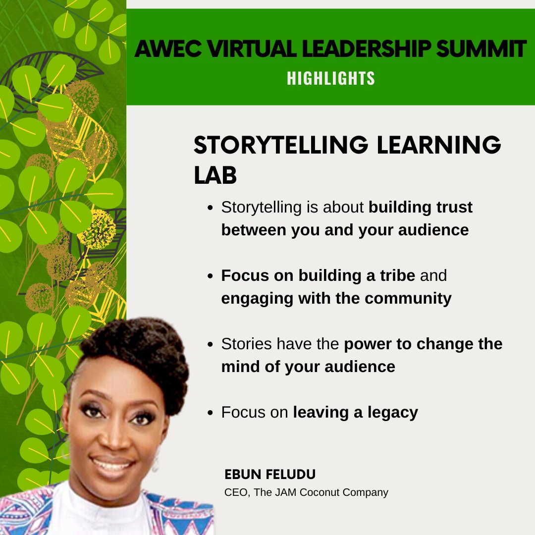 WeAreAWEC's tweet photo. There is a sweet spot in the universe that all of us can occupy. So don't be afraid to share your story.
AWEC Alumna Ebun Feludu, CEO, The Jam Food Company, Nigeria provided insights on the process of crafting a cohesive and coherent business story. #AWECSummit21 https://t.co/ZB5UgHHER9