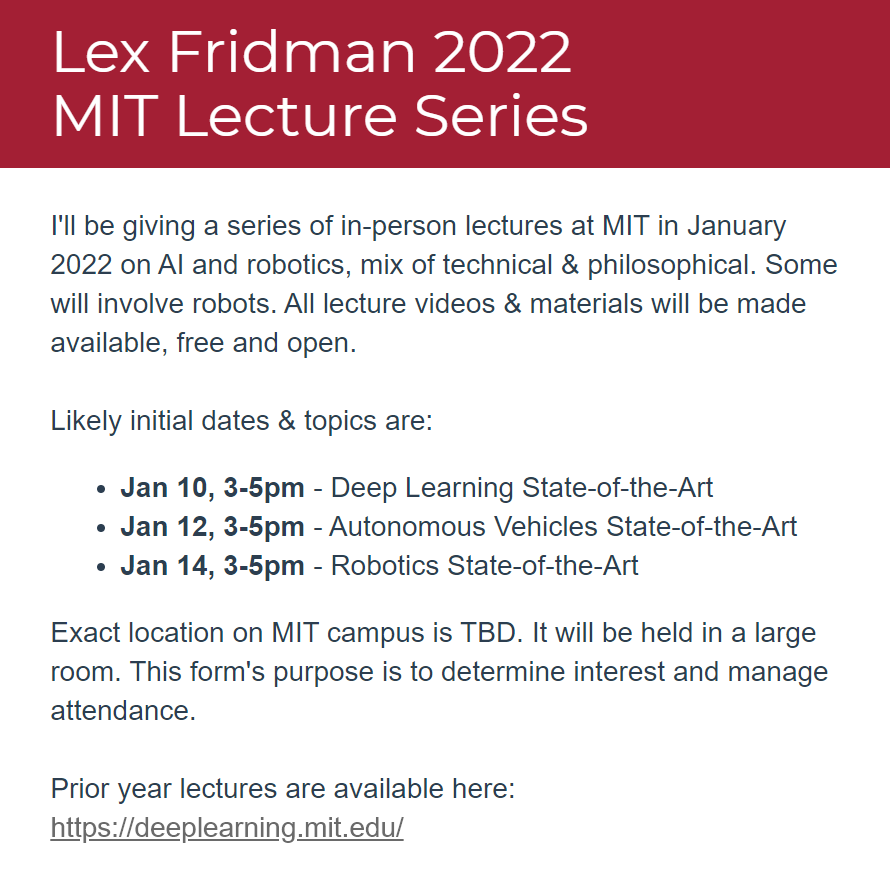 Lex Fridman on X: RT @sirajraval: Interview with @lexfridman (MIT AI  instructor) coming soon  / X