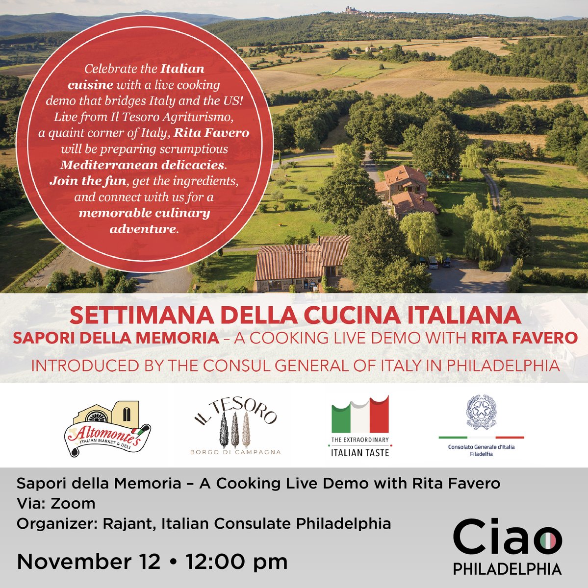 We invite you to join us for Sapori della Memoria – A Cooking Live Demo with Rita Favero on Saturday, November 20 at 12:00 pm!

Click the link to learn more ecs.page.link/mhdrq