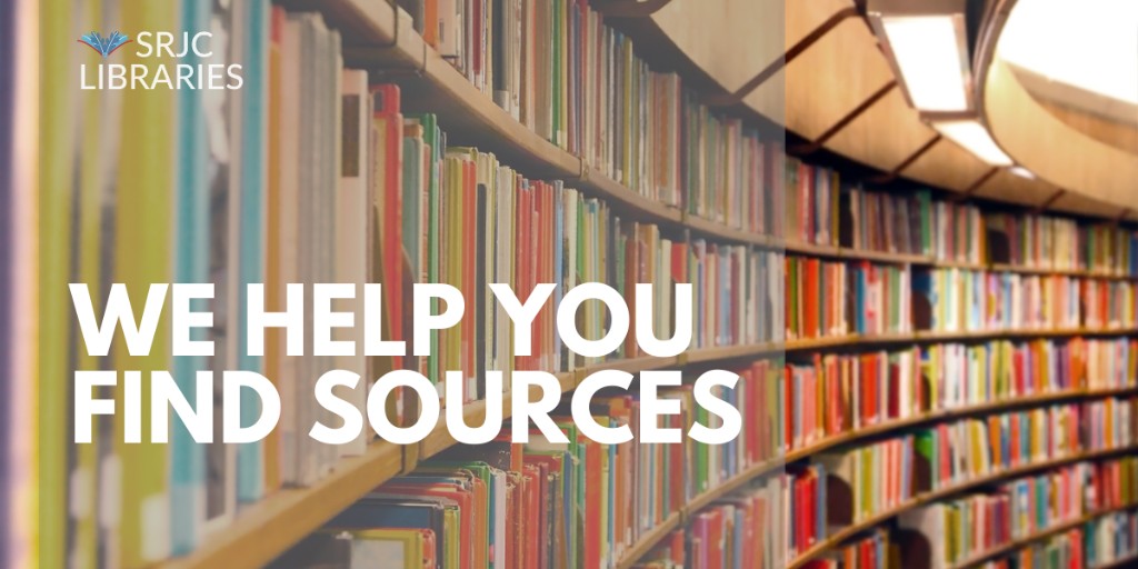 SRJC Librarians are here to help you find the sources you need! You can find us on the chat 6 days a week (until 10 pm Monday - Thursday!) or make a research appointment with us.

libraries.santarosa.edu/help

#srjclibrary #librariansuperheros #researchhelp