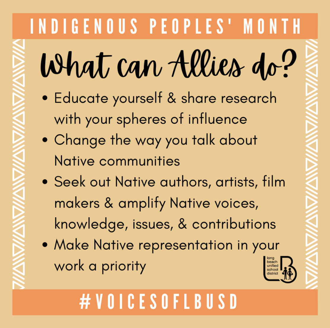 lbcpta's tweet photo. Allyship is a continual process of learning, accountability, grace, and action to support marginalized groups. Here are some ways to support this month and beyond. #IndigenousPeoplesMonth
@longbeachusd @LBCPTA #DEI #PTA #WePTA4AllKids #VoicesOfLBUSD #ProudToBeLBUSD #DEI365 https://t.co/zGawXOQmDR