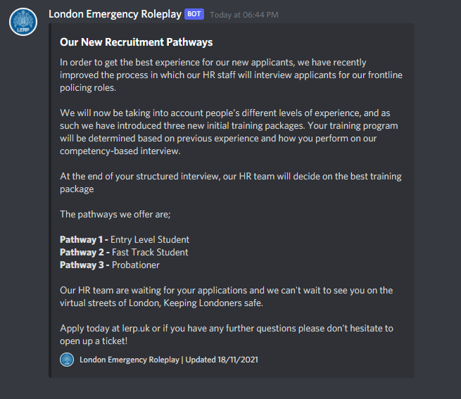 LERP_ERPT's tweet photo. We have recently improved our interview and training process! We now have three new training pathways that you could enter ERPT under. See below⬇️

Apply ➡️ https://t.co/vVfKWPqptE 

@LERP_Official #Fictional #Roleplay 🚔 https://t.co/ukBidRHIHN