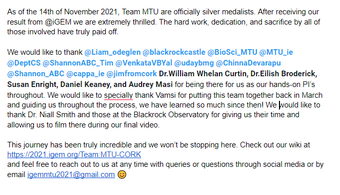 MTUIGEM's tweet photo. SILVER MEDAL 🥈
@Liam_odeglen @blackrockcastle @BioSci_MTU @MTU_ie @DeptCS @ShannonABC_Tim @VenkataVBYal @udaybmg @ChinnaDevarapu @Shannon_ABC @cappa_ie @jimfromcork Dr.William Whelan Curtin, Dr.Eilish Broderick, Susan Enright, Daniel Keaney, Audrey Masi https://t.co/3oiTp5mK3v