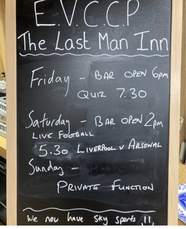 Come and join us Saturday evening for Liverpool v Arsenal or enjoy a Saturday afternoon pint from 1400.

Or try to win the prize pot from our Quiz on Friday evening. Bar open from 1800.

#EVCCP