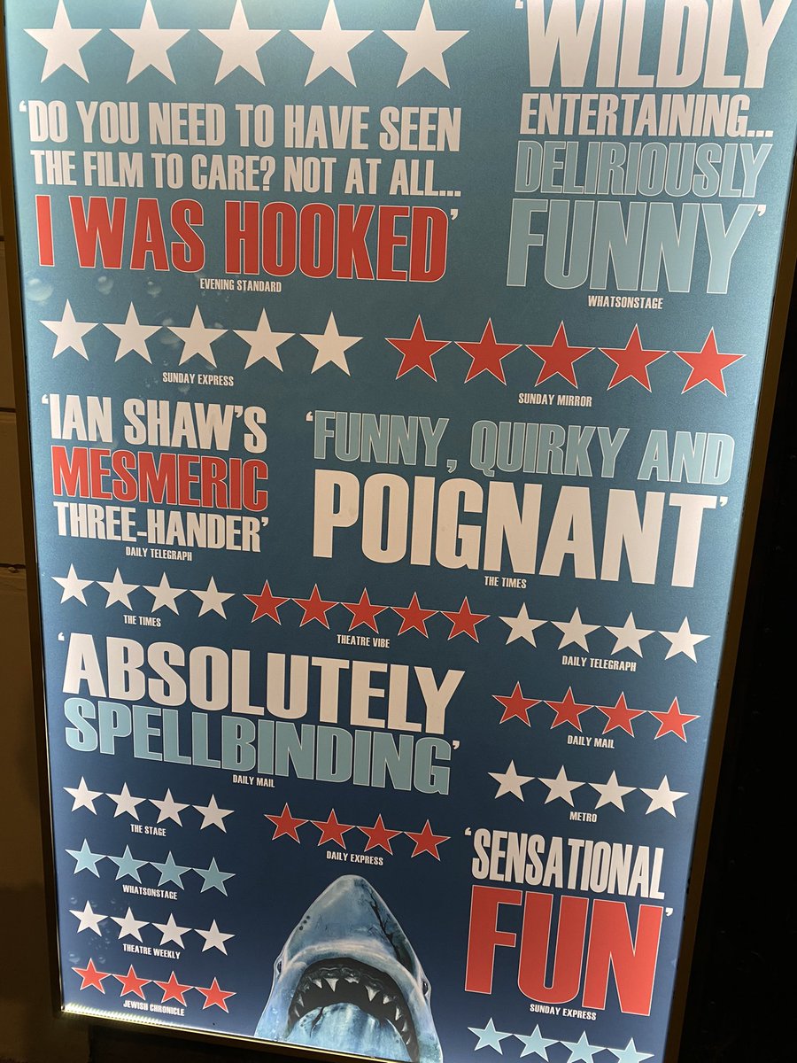 Fantastic evening at The Ambassador Theatre, Covent Garden watching the superb #thesharkisbroken - stupidly rocked up a day late but the excellent <a href="/ATGTICKETS/">ATGtickets</a> box office found me a seat. Wonderful customer service!