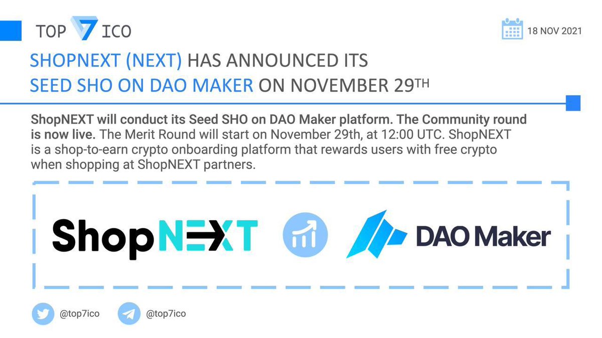 top7ico's tweet photo. ShopNEXT $NEXT has announced its Seed SHO on DAO Maker on November 29th

@HelloShopNEXT will conduct its Seed SHO on @TheDaoMaker platform. The Community round is now live. The Merit Round will start on November 29th, at 12:00 UTC.

👉 https://t.co/LPxuZZCsQO https://t.co/XF5pFjVk8t