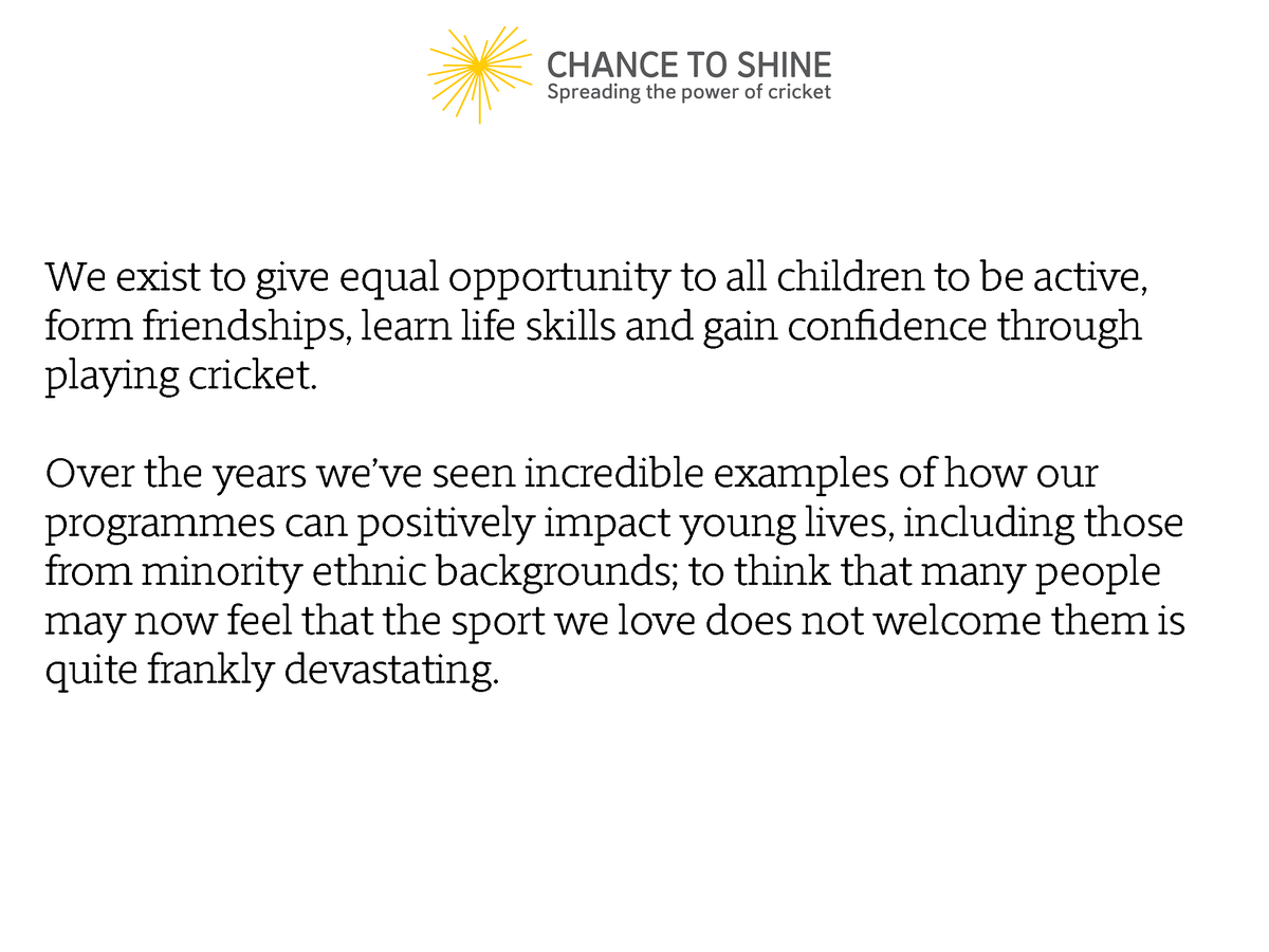 Chance2Shine's tweet image. A statement from our Chief Executive, Laura Cordingley, on racism in cricket.

The statement can also be read here: chancetoshine.org/news/message-f…