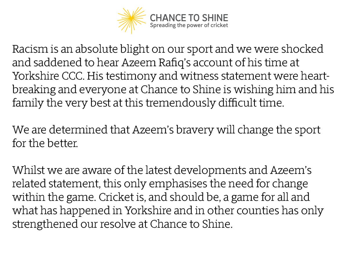 Chance2Shine's tweet image. A statement from our Chief Executive, Laura Cordingley, on racism in cricket.

The statement can also be read here: chancetoshine.org/news/message-f…