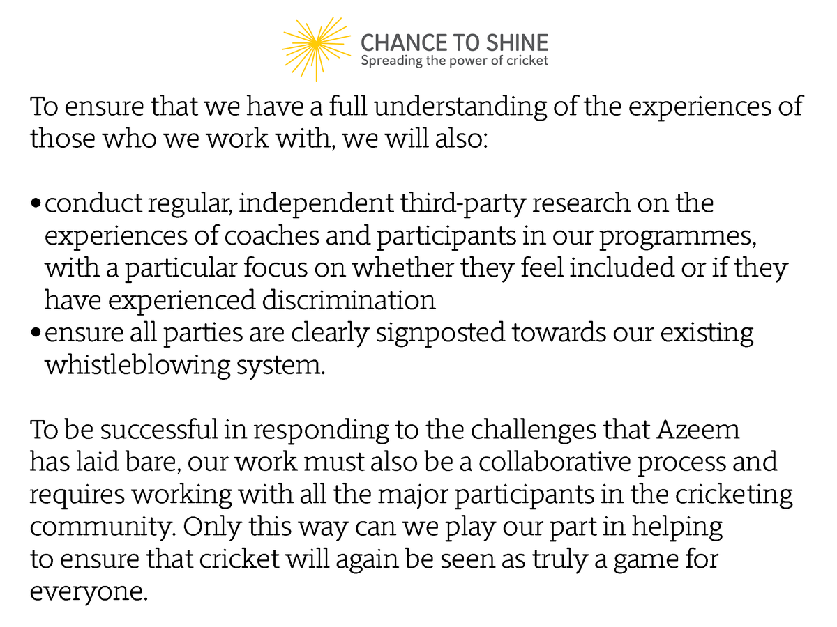 Chance2Shine's tweet image. A statement from our Chief Executive, Laura Cordingley, on racism in cricket.

The statement can also be read here: chancetoshine.org/news/message-f…
