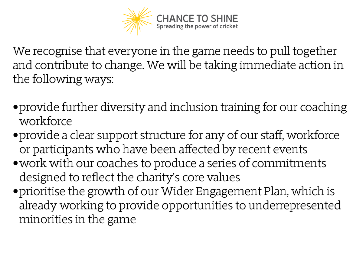 Chance2Shine's tweet image. A statement from our Chief Executive, Laura Cordingley, on racism in cricket.

The statement can also be read here: chancetoshine.org/news/message-f…