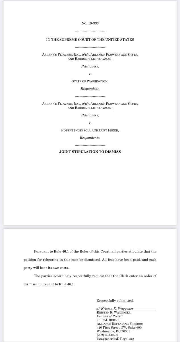 Arlene's Flowers has settled! #SCOTUS has been considering the Washington florist's petition for rehearing since late September &amp; was slated to do so again tomorrow. https://t.co/ILxkdfD1oL