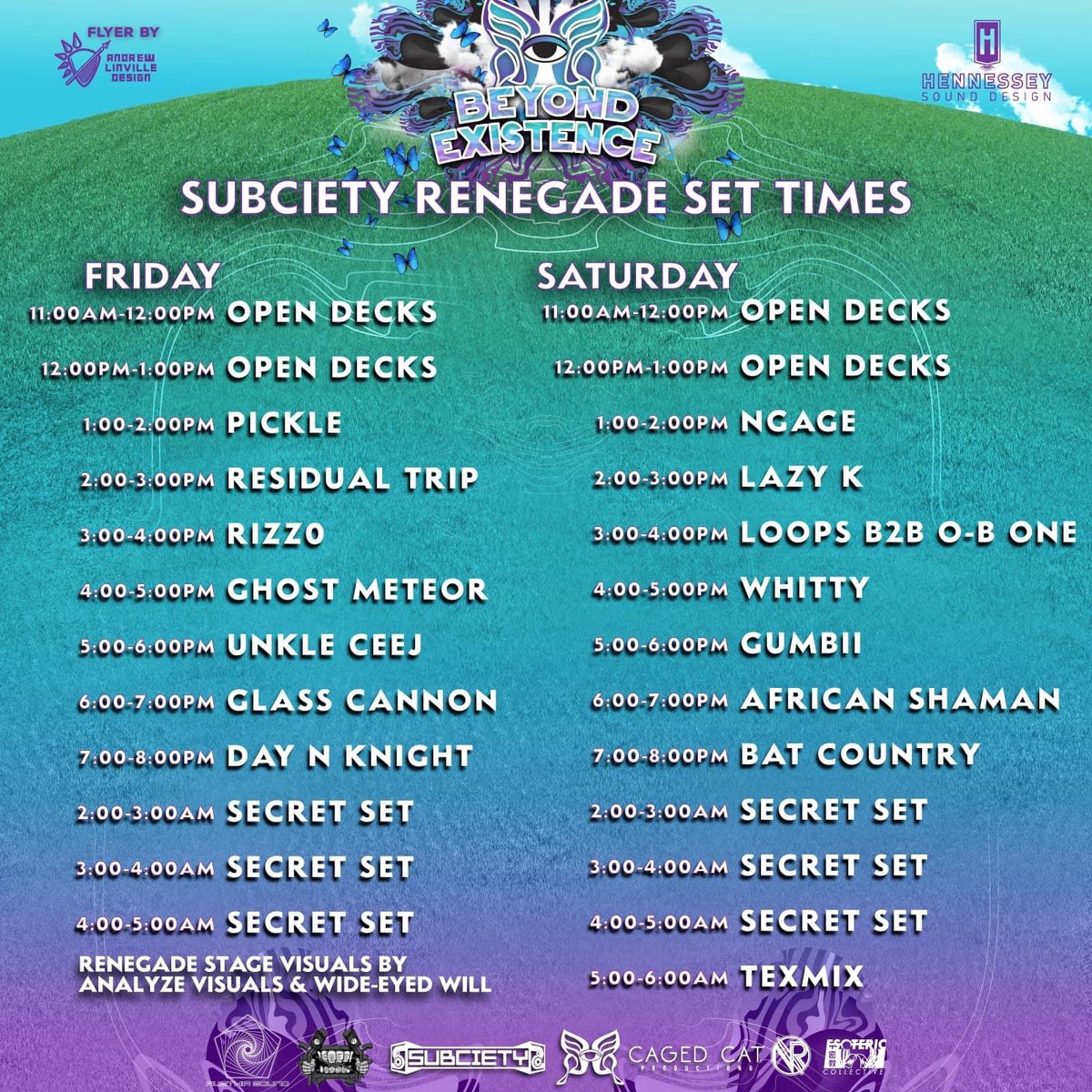 TheSubciety's tweet photo. Your one stop shop post for ALL Beyond Existence set times ~ music, vjs, and renegade 🦋 Get ready for a weekend full of smiles. See yall TOMORROW fam!!! 💙 https://t.co/Stdujqp9yt