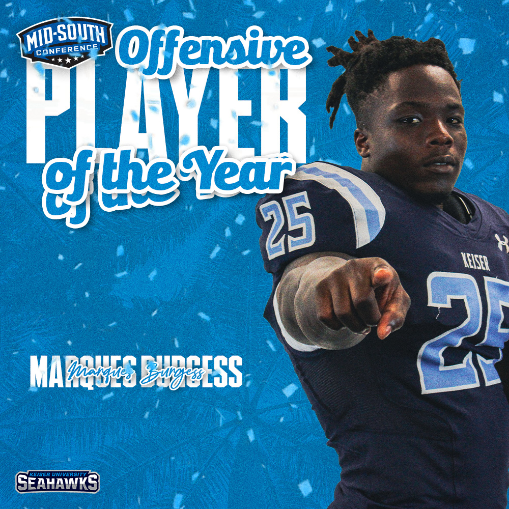 🚨 𝗕𝗿𝗲𝗮𝗸𝗶𝗻𝗴 𝗡𝗲𝘄𝘀 🚨

Running back Marques Burgess has been named the Craig Mullins <a href="/MidSouthSports/">Mid-South Conference</a> Offensive Player of the Year!

Full release ➡️ bit.ly/3Czx8Vr

#DefendTheBeach