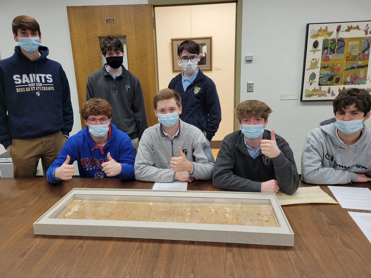 sta_ingram's tweet photo. Honors World Hist students went to the Spencer Research library at KU today. 1) 3,000 year old Egyptian papyrus. 2) 4,000 yr old Mespotamian cuneiform tablets. 3) 1751 map drawn by Peter Jefferson (Thomas Jefferson's dad). 4) Lunch at Kansas Union. @STAsaints https://t.co/XCDVNRIshi