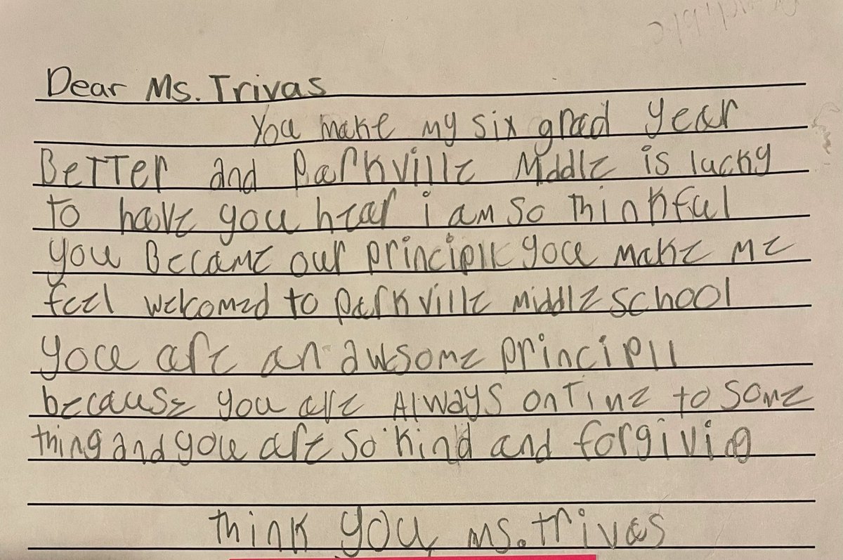 ParkvilleMS's tweet photo. Occasionally, the principal gets a wonderful note!  We have the best students! https://t.co/1LHn5Rq57L