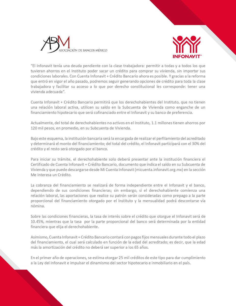 Infonavit's tweet photo. A partir de hoy, todos los derechohabientes que tengan ahorros en su Subcuenta de Vivienda podrán adquirir un financiamiento para comprar su casa, sin importar que actualmente no coticen al Instituto. Con Cuenta Infonavit + Crédito Bancario es posible. https://t.co/t6edvNuGTD