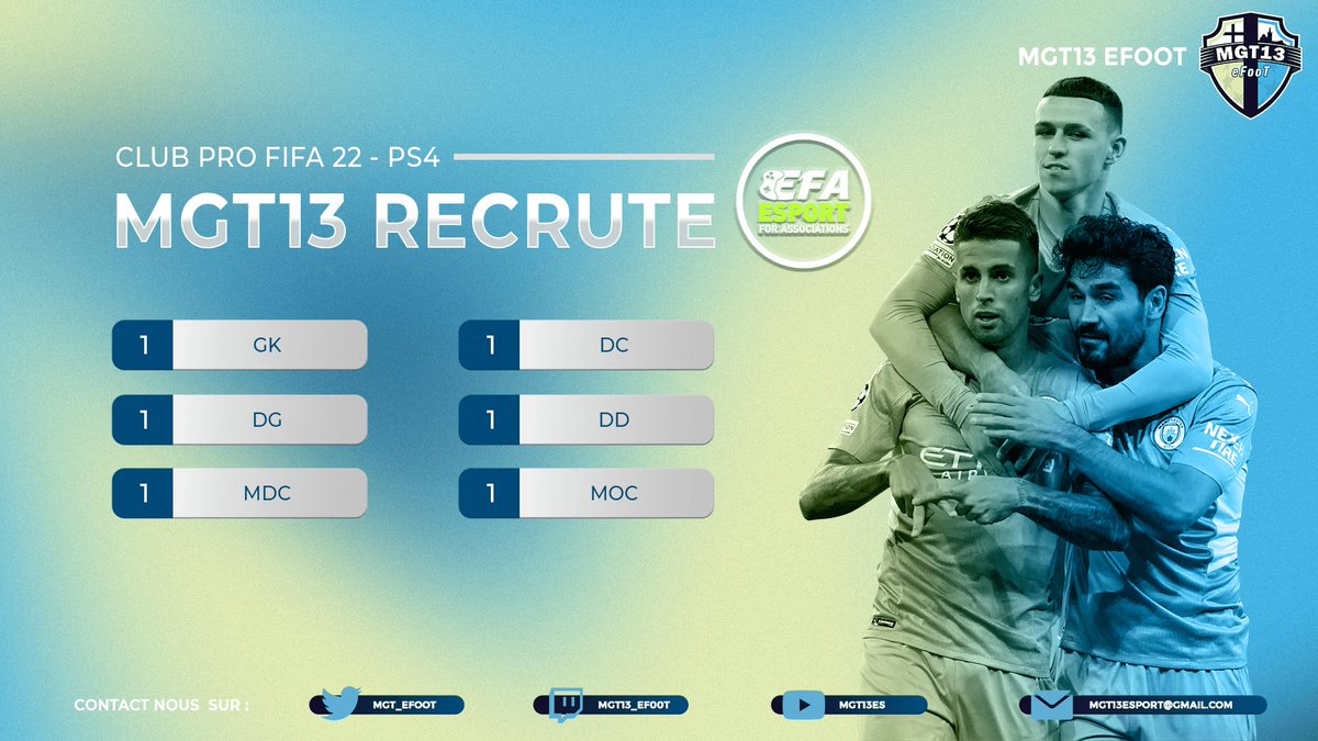 RECRUTEMENT MASSIF CHEZ LA @MGT_EfooT  !!

N'hésitez pas à nous DM pour d'avantage d'informations. 

- Joueurs impliqués et sérieux.
- Micro obligatoire. 

RT Appréciés. 

<a href="/MGT13PS5/">MGT13 Esport ( Section PS5 )</a> <a href="/Mgt13Es/">STRUCTURE MGT</a> @MGT13_AC <a href="/MGT13OSF/">MGT13 OSF</a>