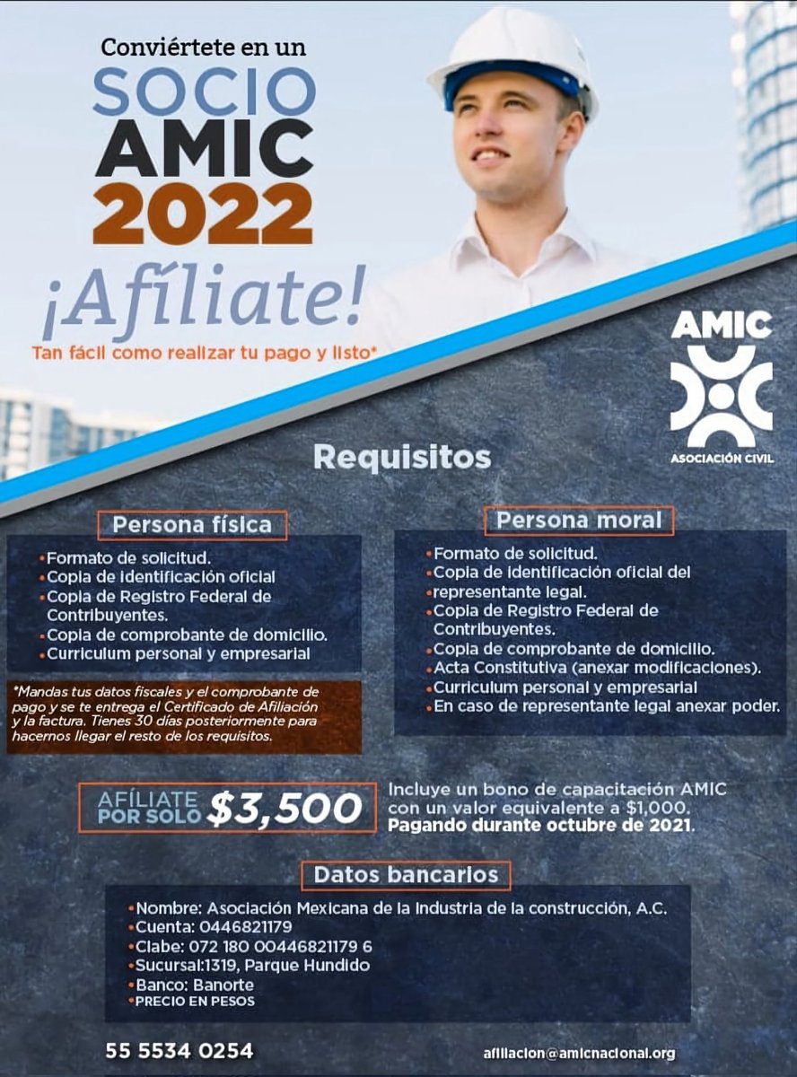 Abrimos nuestro proceso de inscripción y renovación de afiliación 2022 a esta gran familia nacional ¡Hazte Socio!

#SomosAMIC
#ConstruyamosOaxaca
#ConstruyamosMéxico