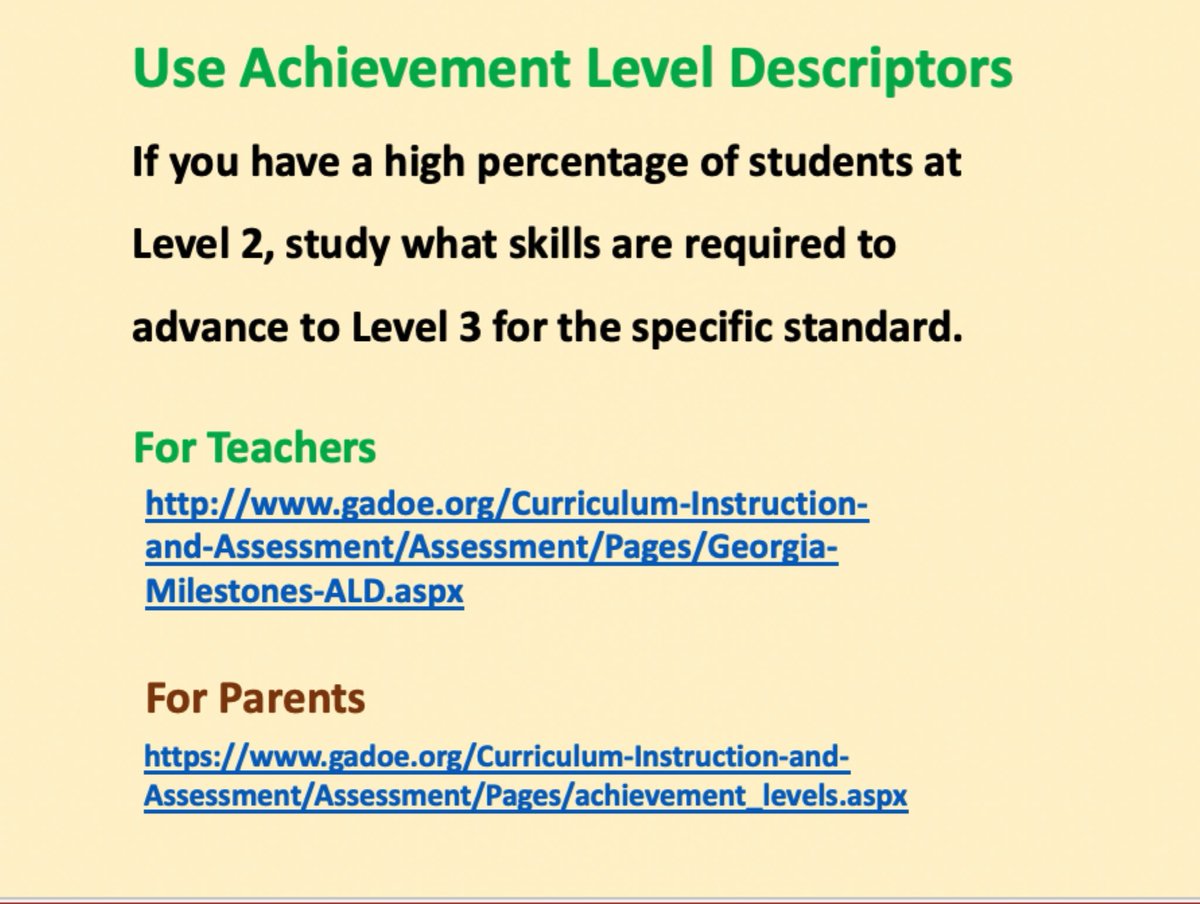 The <a href="/georgiadeptofed/">Georgia Department of Education</a>’s Achievement Level Descriptors are key 🔑 resources
For Teachers 👩🏽‍🏫 
💥 nam11.safelinks.protection.outlook.com/?url=https%3A%…

For Parents
📝 nam11.safelinks.protection.outlook.com/?url=https%3A%…

👏🏽 Slides 🎨 created by Bobby Smith <a href="/CPRESALenox/">Coastal Plains RESA</a> 
🧵: 2/2
#PrincipalsCtrAdvisoryBoard