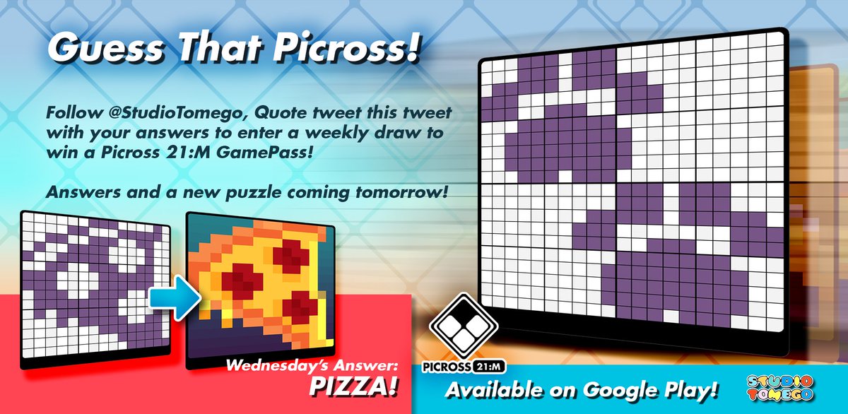 StudioTomego's tweet image. 🚨Did you guess Wednesday's Picross? It's Pizza!🍕

➡️Play today's 'Guess That Picross!' to win!
👇Instructions below! 

#indiedev #gamedev #indiegame #indiegamedev

Picross 21:M
Trailer: bit.ly/3pVsPRH
Google Play: bit.ly/3muXDXw
Steam: bit.ly/3DuA9ru