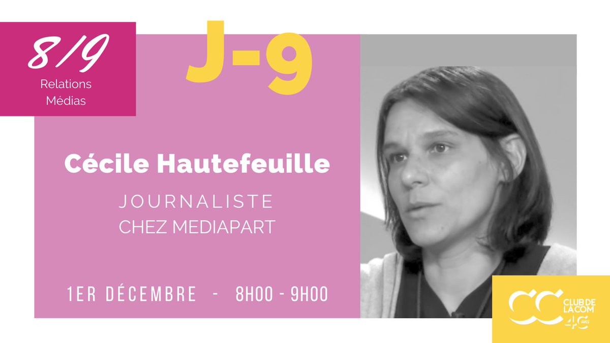 [ 📢 J-9 ] Vous l'avez noté, <a href="/CecHautefeuille/">Cécile Hautefeuille</a> est notre prochaine invitée !

Elle collaborait essentiellement avec <a href="/Mediapart/">Mediapart</a>, <a href="/AlterEco_/">Alternatives Economiques</a>, <a href="/canardenchaine/">Le Canard enchaîné</a>, <a href="/franceinter/">France Inter</a> et @bleuherault.

🙋‍♀️ Évènement réservé aux adhérents
🚩 En visio
➡ Inscrivez vous ! 👇
bit.ly/3wXXqjk