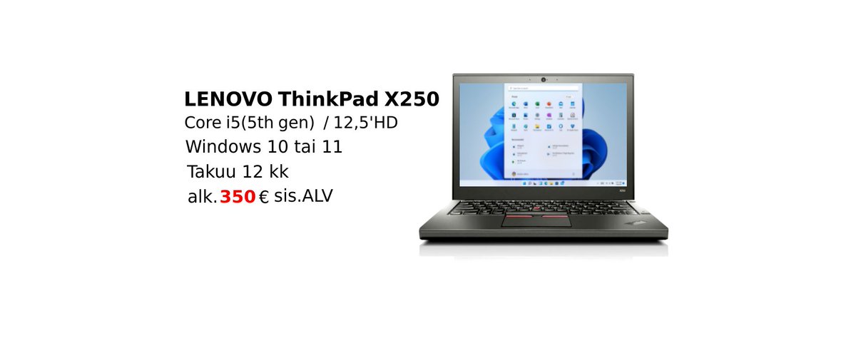 atk_malmi's tweet photo. Laadukkaat miniläppärit Lenovo ThinkPad X250 Core i5 (5th gen), RAM 4-8Gt, HDD tai SSD, 12,5'HD, Win 10 tai 11,  alk. 350€ sis.ALV. Refurbished, Grade A, Takuu 12kk. Katso lisää https://t.co/Fb2rXJwH6A https://t.co/mnkgmVJoh3
