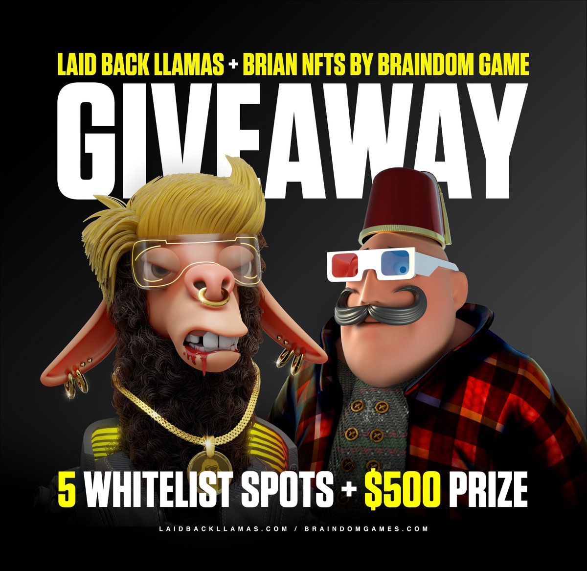 LaidBackLlamas's tweet photo. BIG GIVEAWAY to celebrate a collaboration with @Braindompuzzle🎉

HOW TO WIN: 
✅ Follow @Braindompuzzle 
✅ RT + Tag 5 NFT Lovers + Include Discord Name
✅ Join Braindom: https://t.co/SMyRtwd33C

🎁Prize: 5 Whitelists of Braindom + $500

⏰48 hours - Good Luck! #NFT #NFTgiveaway https://t.co/GugQgRkXof
