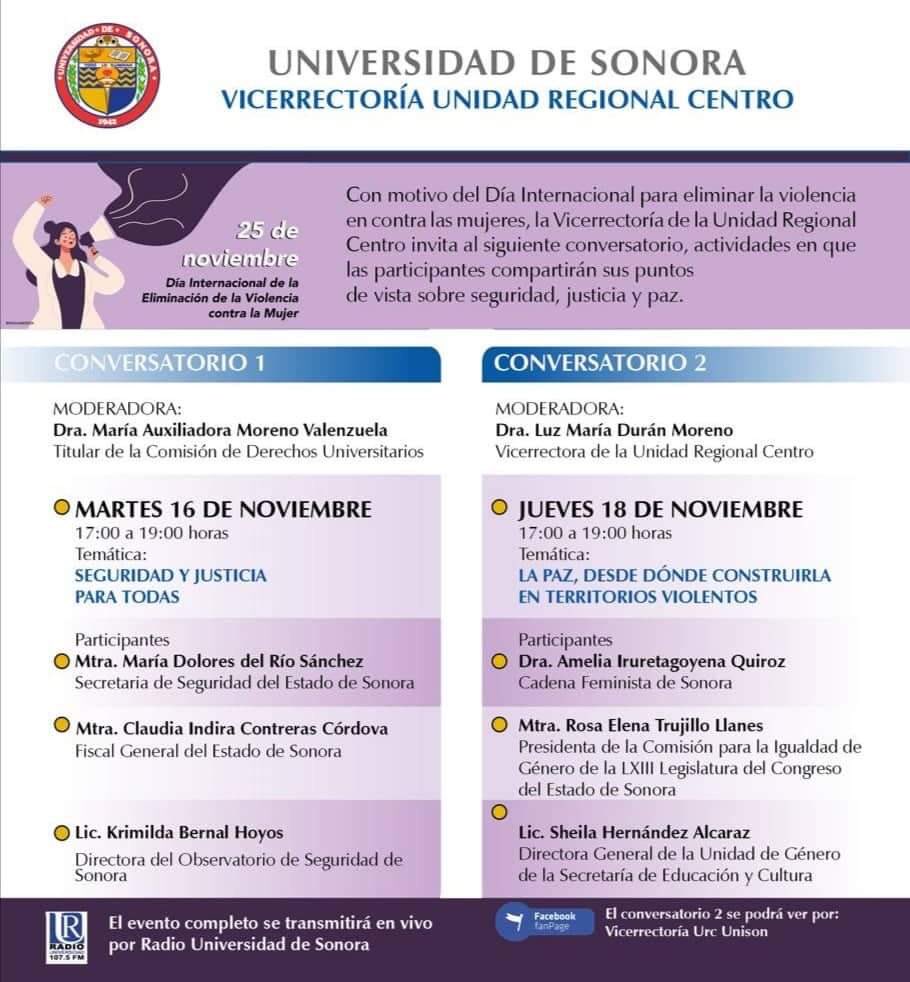 En el marco de la conmemoración del Día Internacional para la Eliminación de la Violencia en contra de las Mujeres, la Vicerrectoría unidad Regional Centro les invita al segundo conversatorio que habrá de celebrarse el día de hoy en punto de 17:00 a 19:00 hrs.