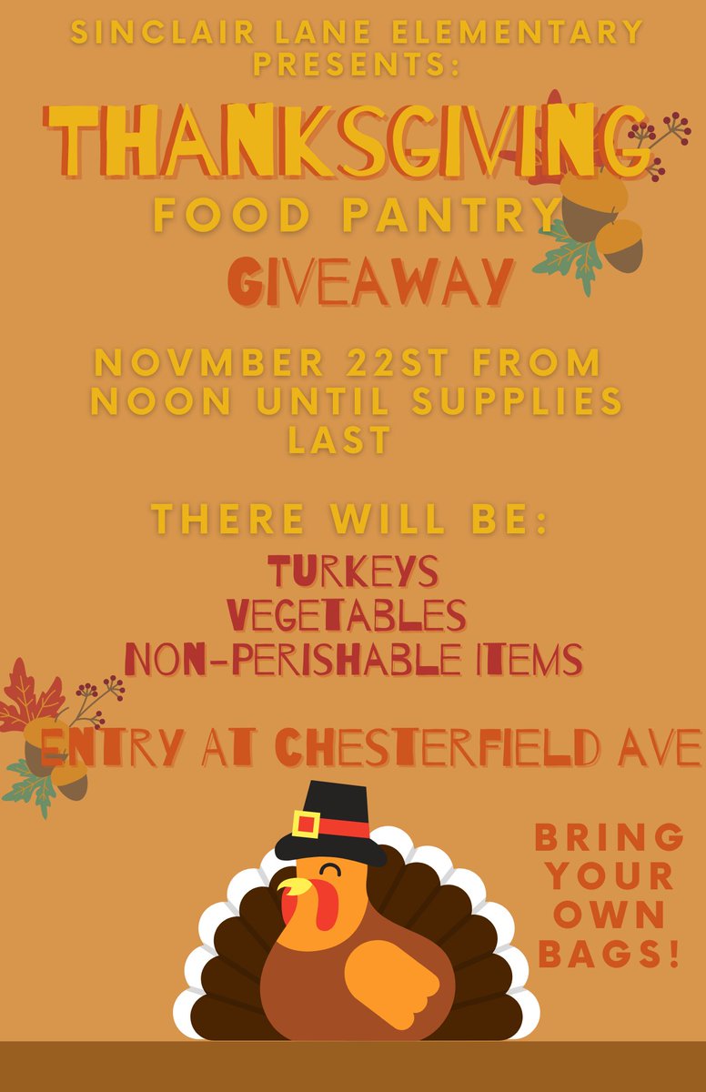 We have thanksgiving food including turkeys, giveaways this Monday (22nd) from 12 till supplies last at Sinclair lane elementary school! All are welcome !