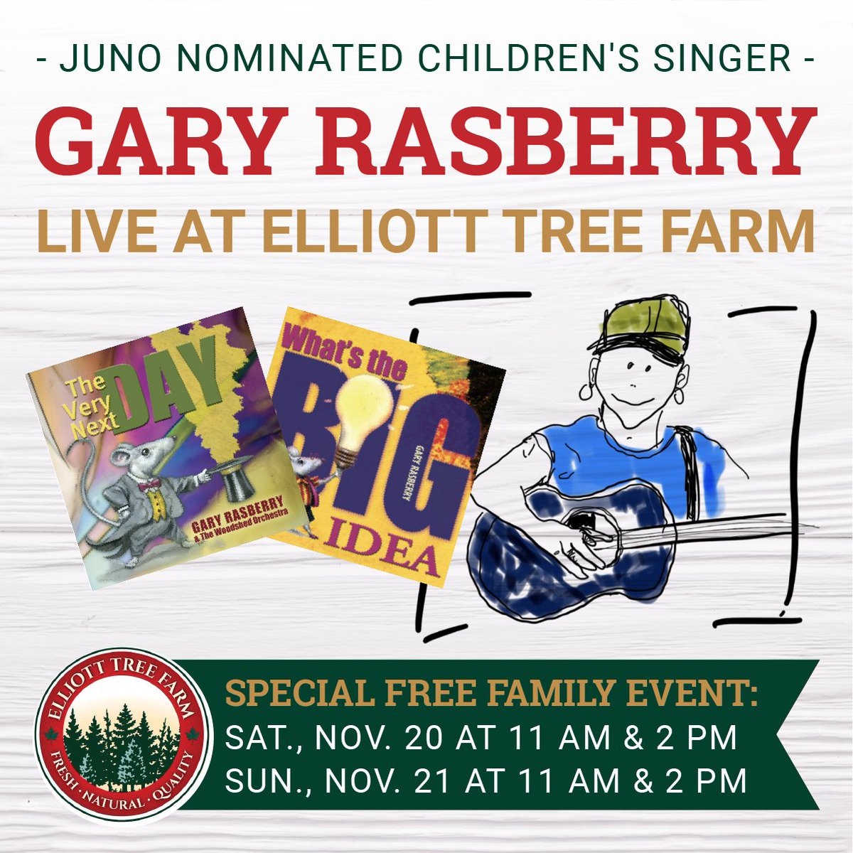 ElliottTreeFarm's tweet image. 🎉 THIS WEEKEND!!! 🎉  Gary Raspberry will be performing live at the farm on Saturday, November 20 and Sunday, November 21 as a two day special event for our Christmas season program. 

To learn more visit: tinyurl.com/k4my495k