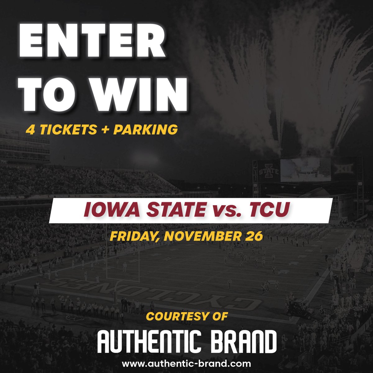 Ok fam. I’m teaming up with <a href="/AuthenticBrand_/">Authentic Brand</a> to give away tickets to the ISU / TCU game on Black Friday. Four tickets + parking. To enter, follow <a href="/AuthenticBrand_/">Authentic Brand</a> and RT this tweet. Winner announced on 11/22. Good luck #Cyclones!