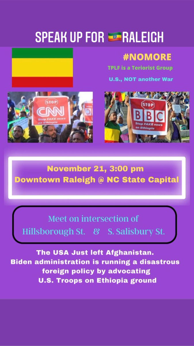 mahlet27883778's tweet photo. #NoMore #RaleighNC  and the outskirts fired up  for Sunday 21st at 3 pm in downtown #RaleighNC all #NorthCarolina #Ethiopians  #Eritrean  lets show up &amp;  speak up for #ethiopia #Eritrea  #NoMore #TPLFSURRENDERNOW #TPLFTerroristGroup #HandsOffEthiopia
@Eritrea_Hanti @Martha_Eyob https://t.co/XC1vTOFdUr