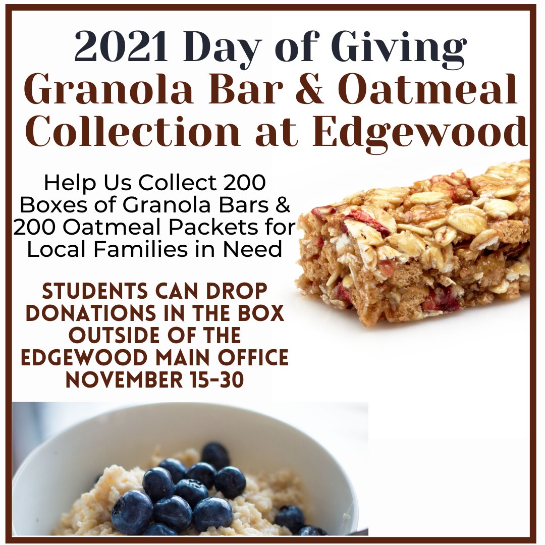 Edgewood Middle School PTO (@pto_edgewood) on Twitter photo Edgewood PTO is collecting boxes of oatmeal packets and boxes of granola bars for the 2021 Day of Giving. Please drop off donations outside of the EW office. Thank you for your support! @TonyCandela_EW <a href="/Edgewood112/">Edgewood Middle School</a> <a href="/lwyatt30/">Lori Wyatt</a> Edgewood PTO is collecting boxes of oatmeal packets and boxes of granola bars for the 2021 Day of Giving. Please drop off donations outside of the EW office. Thank you for your support! @TonyCandela_EW <a href="/Edgewood112/">Edgewood Middle School</a> <a href="/lwyatt30/">Lori Wyatt</a>