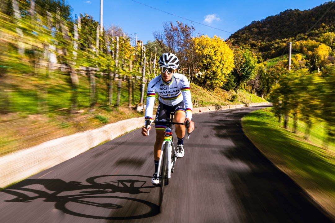 GSGCyclingWear's tweet photo. Elisa Balsamo’s rainbow jersey shines on a sunny autumn ride in Asolo hills, region of prosecco wineyards and cycling tradition! We took some sneak peeks while shooting a video to celebrate the Elisa's victory... follow us to discover the amazing video in a few days.

#cyclingpro https://t.co/QRQ7opddZ7