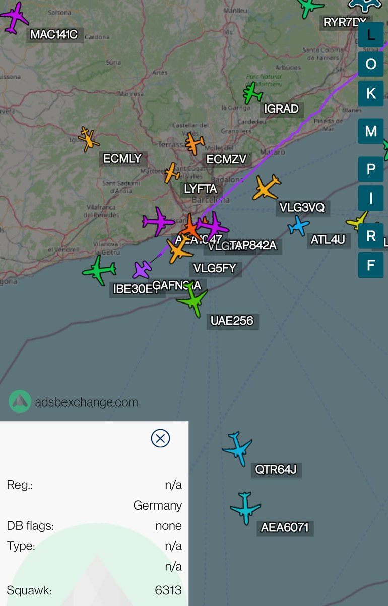 FlightradarCAT's tweet photo. Rebo diversos avisos de soroll de turbina molt fort per tota l'àrea metropolitana de BCN. Sospito que és almenys un Eurofighter Typhoon de la força aèria d'Alemanya @Team_Luftwaffe amb l'indicatiu #GAFN01A, o almenys és el que diuen tuits anteriors que he trobat. #transitaeri https://t.co/oCdE1brJ4Y