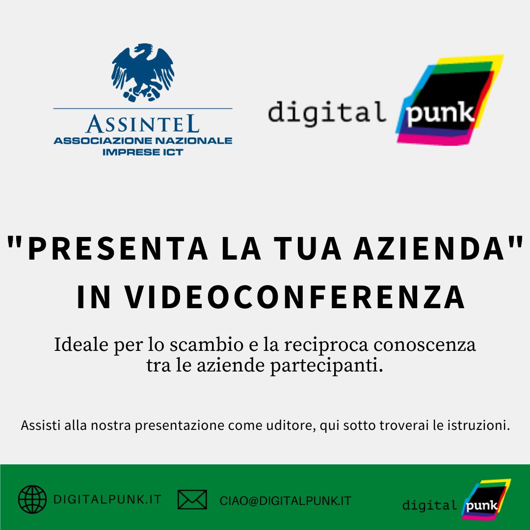 DigitalPunk_it's tweet photo. Il 9 dicembre non perderti l’appuntamento di Assintel con la videoconferenza “Presenta la tua azienda”. 
Riservati un posto come uditore scrivendo a marco.sangalli@assintel.it e carolina.frabasile@assintel.it che ti invieranno le coordinate per il collegamento!

#networking https://t.co/MTdZuH5C9q