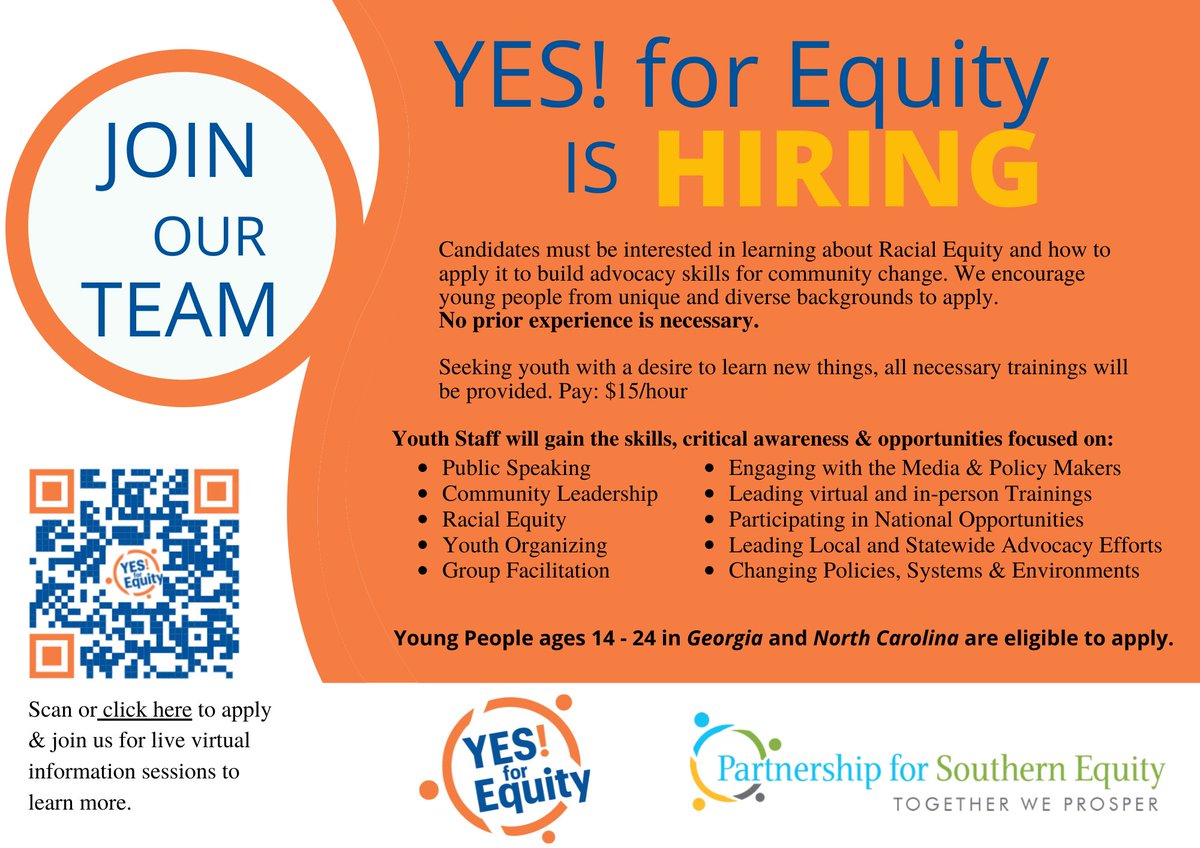 PSEquityMatters's tweet photo. We are excited to announce our @yes_forum team is hiring YOUTH LEADERS! 

If you are a young person age 14 - 24 living in Georgia or North Carolina you are encouraged to apply. 

Applications close December 20, 2021: https://t.co/QxQFSy7snl https://t.co/t5nx1QZHuS