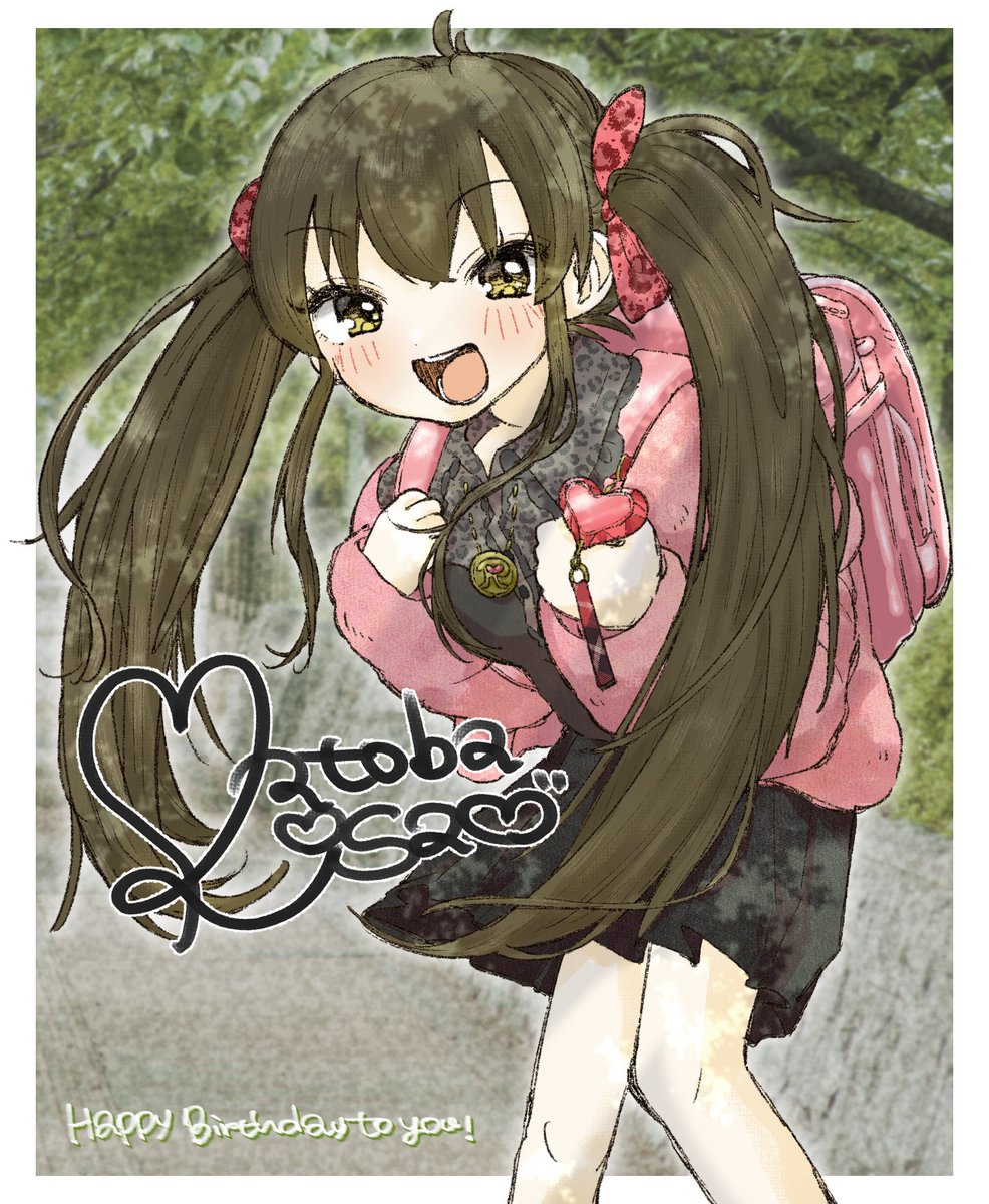 matoba risa 1girl backpack twintails crime prevention buzzer solo bag smile  illustration images