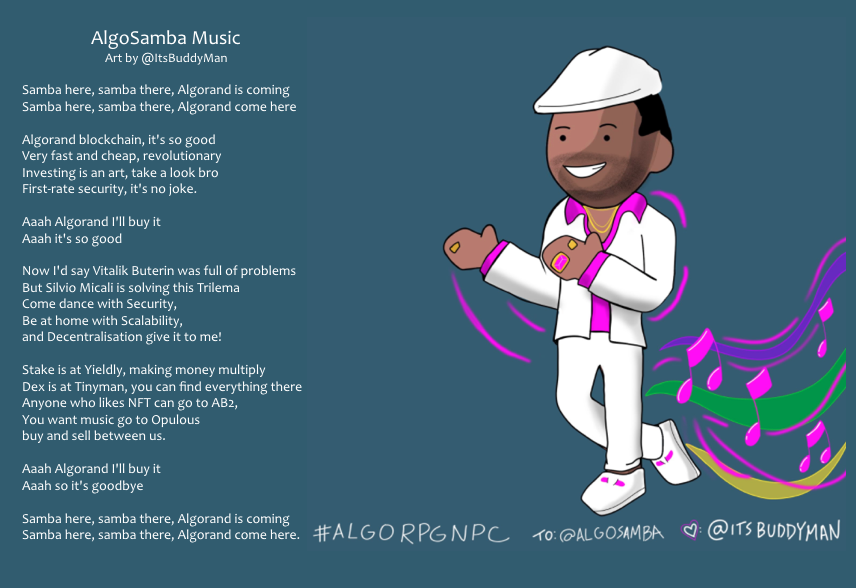 Tomorrow at 16 PM (GMT) we will start to list the first <a href="/algosamba/">AlgoSamba</a> founders #NFT #music at <a href="/AB2_Gallery/">AB2 Gallery</a>. 
Just 10 X 10A. Rising founds to record the song!
@AlgorFriends <a href="/CheekyRodent/">CheekyRodent</a> <a href="/Graffealgorand/">graffe.algo</a> <a href="/itsbuddyman/">Doofy</a> 
#AlgoNFT #nftmusic ab2.gallery/account/J2BAZE…