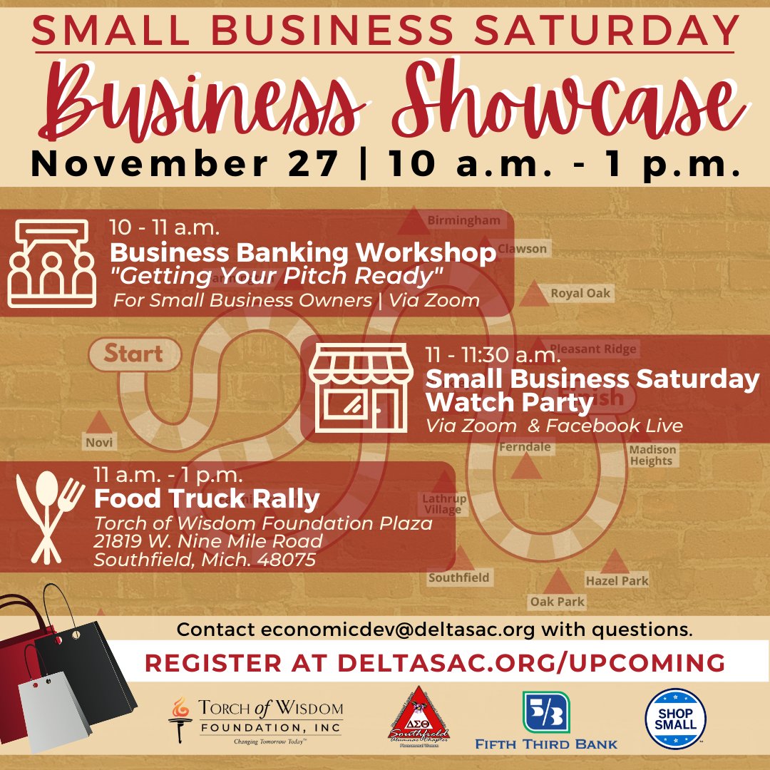 SouthfieldDST's tweet photo. Join us on Saturday, November 27 for a Small Business Showcase and a Food Truck Rally! Small business owners may also attend our business banking workshop. Register for the virtual events today at https://t.co/BacoQon2qW. #shopsmalll #sbsshowcase #sbsshopping https://t.co/tqQ4Jl0BqO